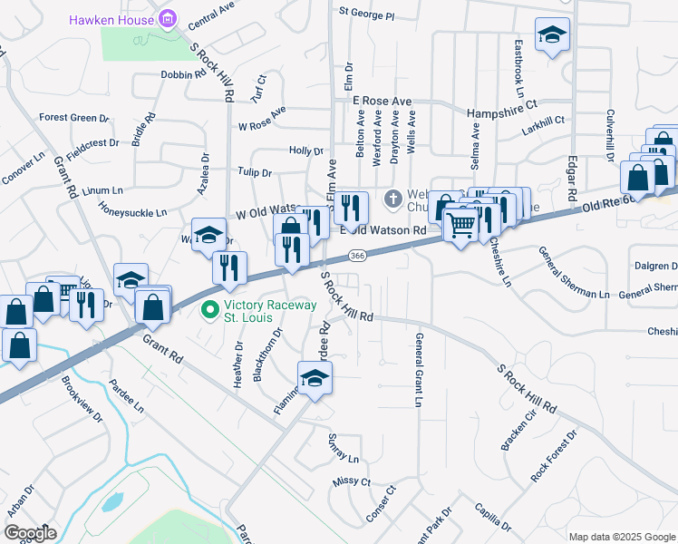 map of restaurants, bars, coffee shops, grocery stores, and more near 8571 Missouri 366 in Webster Groves