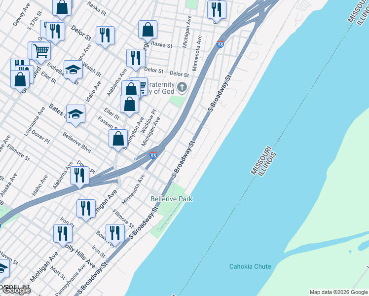 map of restaurants, bars, coffee shops, grocery stores, and more near 5217 South Broadway in St. Louis