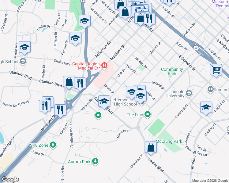 map of restaurants, bars, coffee shops, grocery stores, and more near 1106 Adams Street in Jefferson City