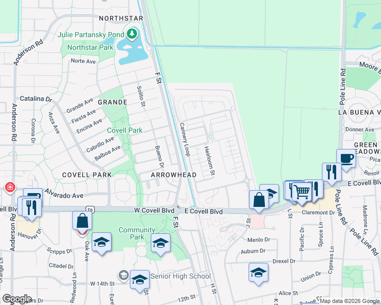 map of restaurants, bars, coffee shops, grocery stores, and more near 945 Sparks Lane in Davis