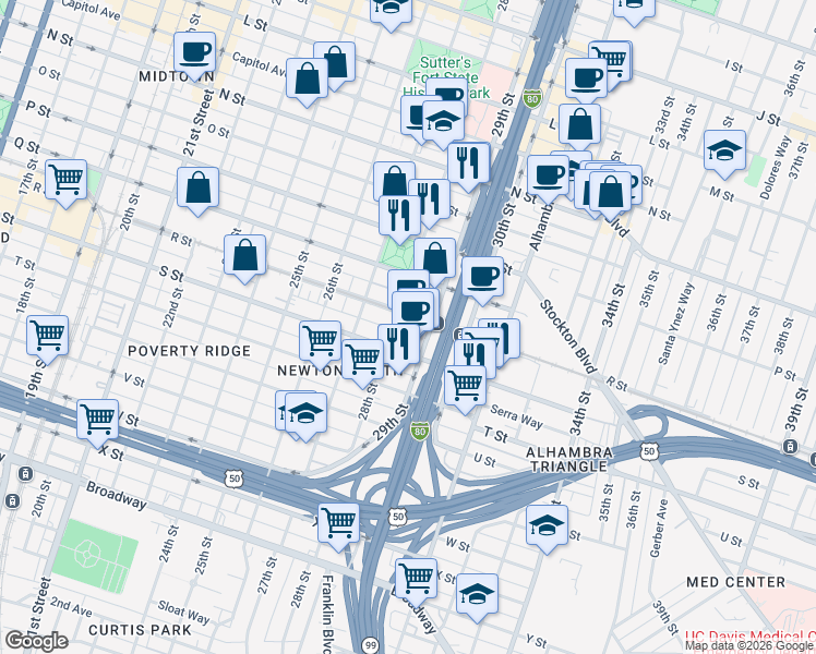 map of restaurants, bars, coffee shops, grocery stores, and more near 2820 R Street in Sacramento