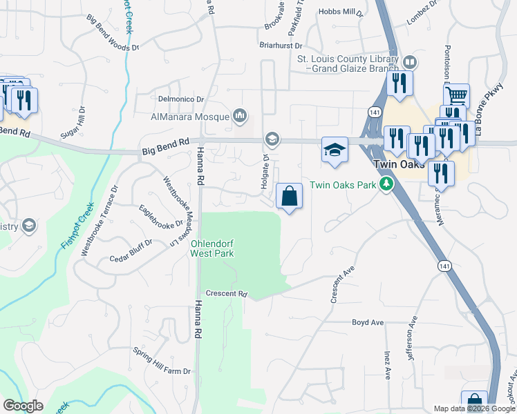 map of restaurants, bars, coffee shops, grocery stores, and more near 1100 Highland Oaks Court in Ballwin
