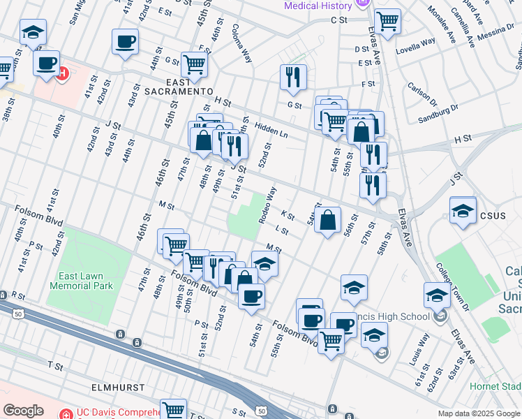map of restaurants, bars, coffee shops, grocery stores, and more near 1120 Rodeo Way in Sacramento