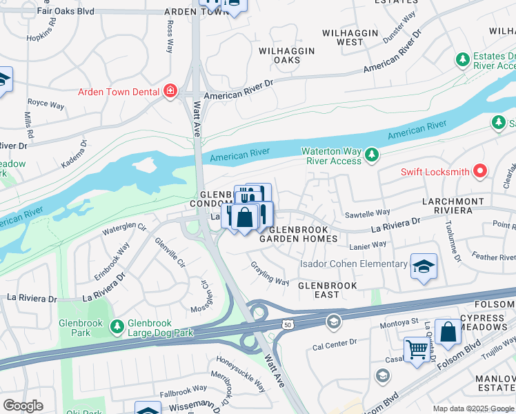 map of restaurants, bars, coffee shops, grocery stores, and more near 8795 La Riviera Drive in Sacramento