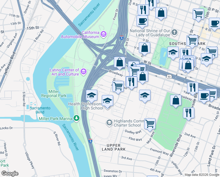 map of restaurants, bars, coffee shops, grocery stores, and more near 306 1st Avenue in Sacramento