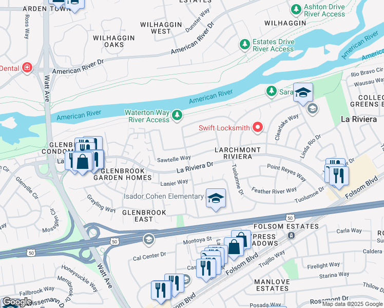 map of restaurants, bars, coffee shops, grocery stores, and more near 8904 Woodman Way in Sacramento