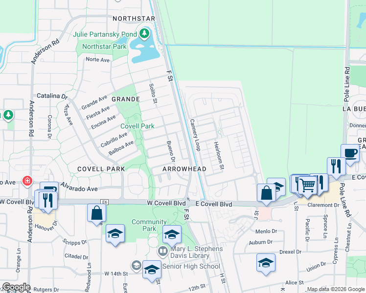 map of restaurants, bars, coffee shops, grocery stores, and more near 2504 Amapola Drive in Davis