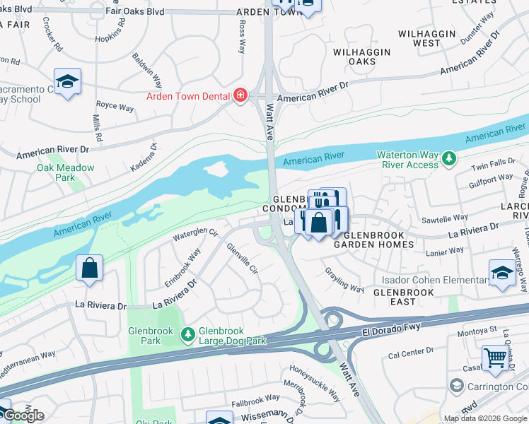 map of restaurants, bars, coffee shops, grocery stores, and more near 8629 La Riviera Drive in Sacramento
