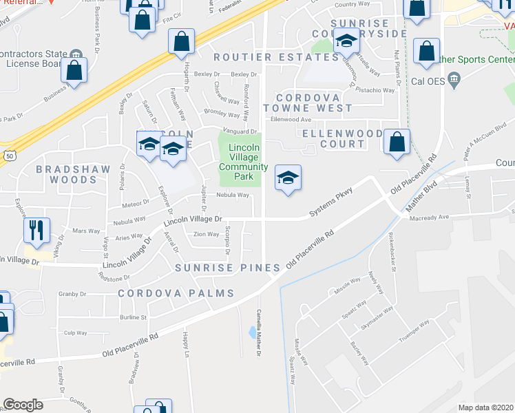 map of restaurants, bars, coffee shops, grocery stores, and more near 10095 Nebula Way in Sacramento