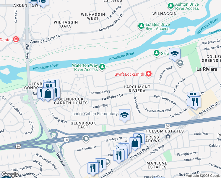 map of restaurants, bars, coffee shops, grocery stores, and more near 8904 Woodman Way in Sacramento
