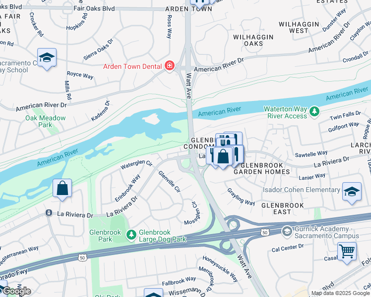 map of restaurants, bars, coffee shops, grocery stores, and more near 8629 La Riviera Drive in Sacramento