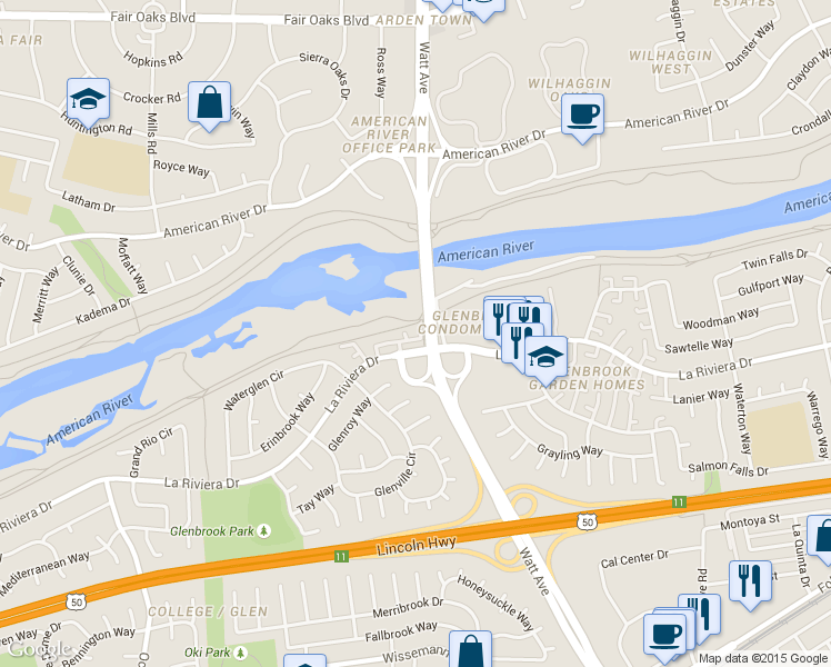 map of restaurants, bars, coffee shops, grocery stores, and more near 8629 La Riviera Drive in Sacramento