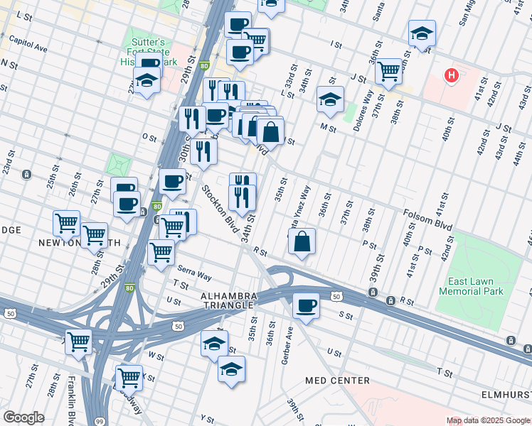 map of restaurants, bars, coffee shops, grocery stores, and more near 1562 35th Street in Sacramento