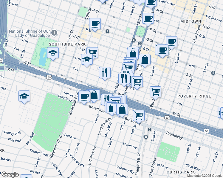 map of restaurants, bars, coffee shops, grocery stores, and more near in Sacramento