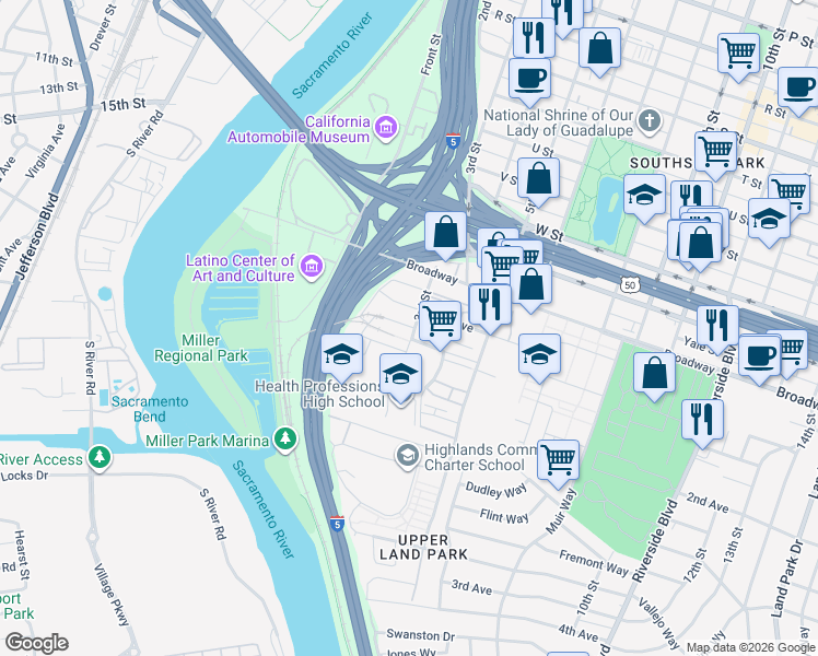 map of restaurants, bars, coffee shops, grocery stores, and more near 306 1st Avenue in Sacramento