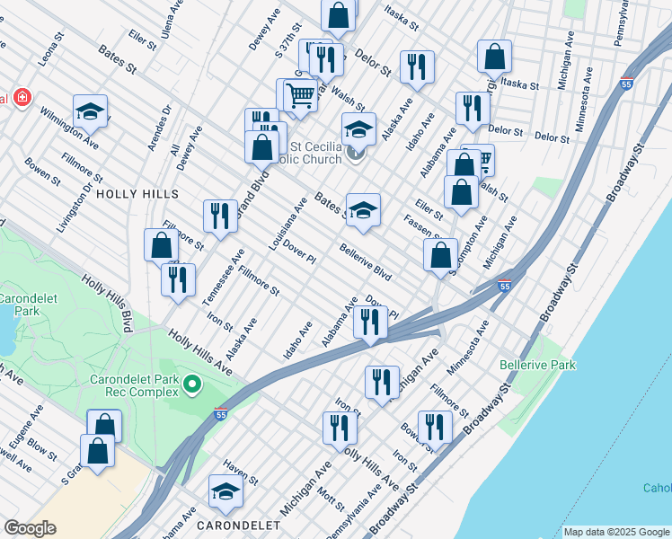 map of restaurants, bars, coffee shops, grocery stores, and more near 901 Dover Place in St. Louis