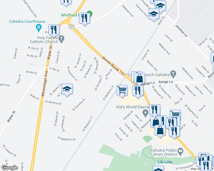 map of restaurants, bars, coffee shops, grocery stores, and more near 120 Saint Paul Drive in Cahokia