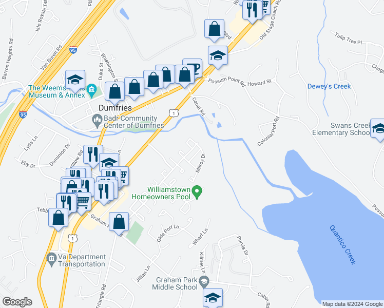 map of restaurants, bars, coffee shops, grocery stores, and more near 17886 Lounsbery Drive in Dumfries