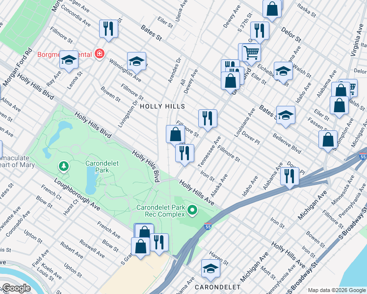 map of restaurants, bars, coffee shops, grocery stores, and more near 3648 Bowen Street in St. Louis