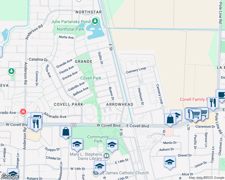 map of restaurants, bars, coffee shops, grocery stores, and more near 2516 Bueno Drive in Davis