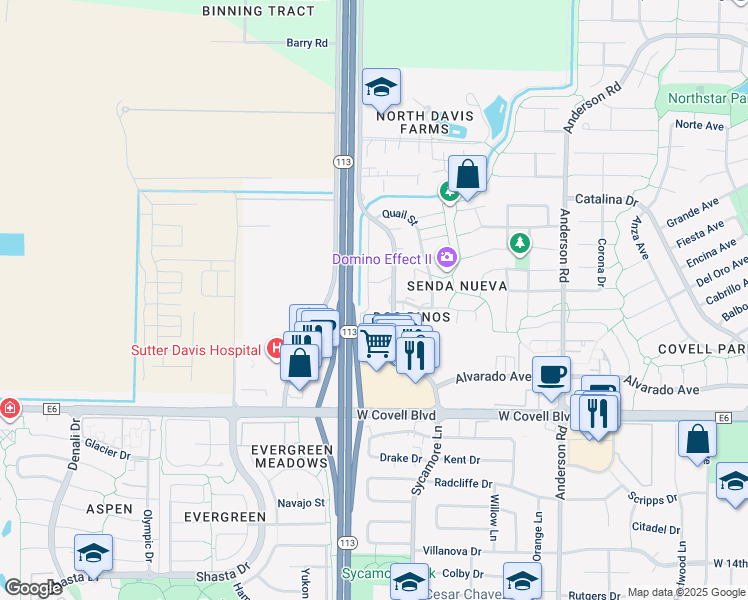 map of restaurants, bars, coffee shops, grocery stores, and more near 2477 Sycamore Lane in Davis
