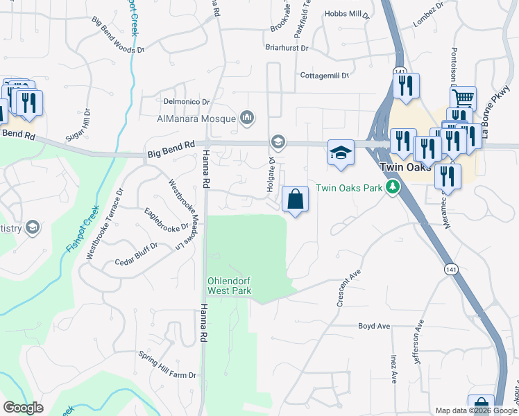 map of restaurants, bars, coffee shops, grocery stores, and more near 1100 Highland Oaks Court in Ballwin