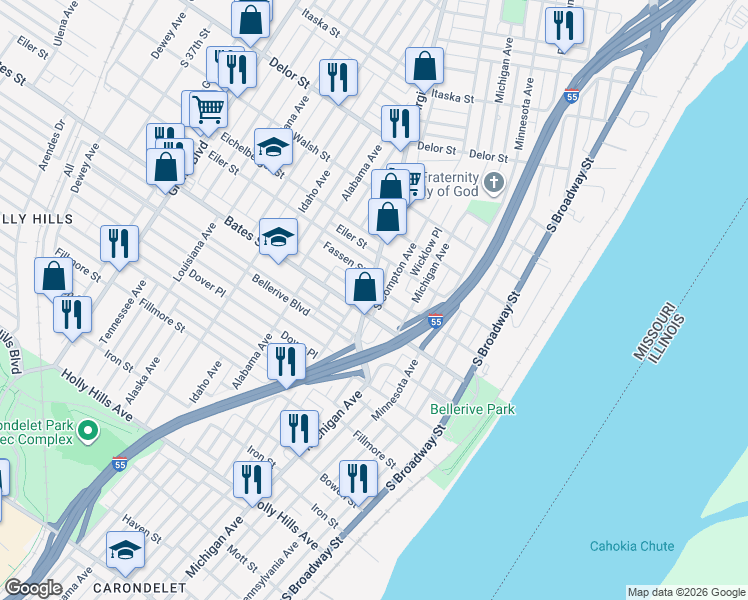 map of restaurants, bars, coffee shops, grocery stores, and more near 5500 Virginia Avenue in St. Louis