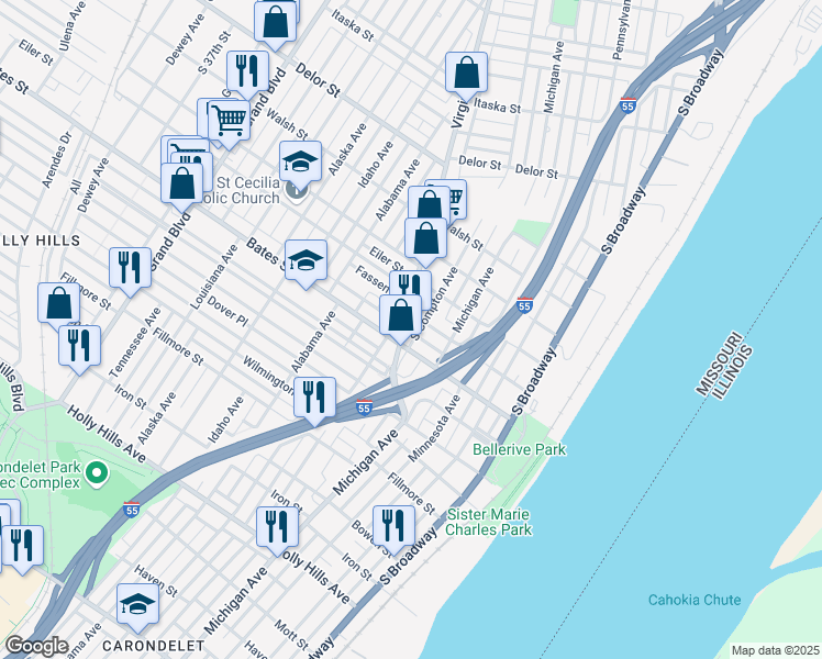 map of restaurants, bars, coffee shops, grocery stores, and more near 5512 Virginia Avenue in St. Louis