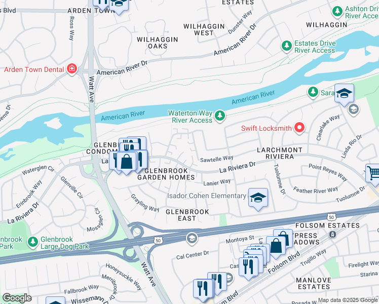 map of restaurants, bars, coffee shops, grocery stores, and more near 8825 Sawtelle Way in Sacramento