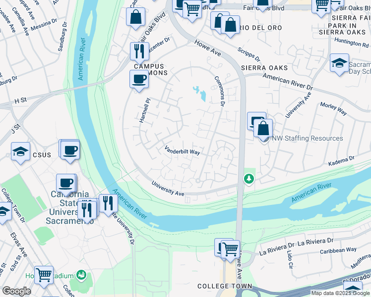 map of restaurants, bars, coffee shops, grocery stores, and more near 1124 Vanderbilt Way in Sacramento