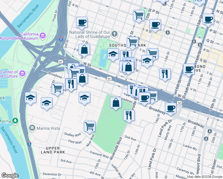 map of restaurants, bars, coffee shops, grocery stores, and more near 910 X Street in Sacramento