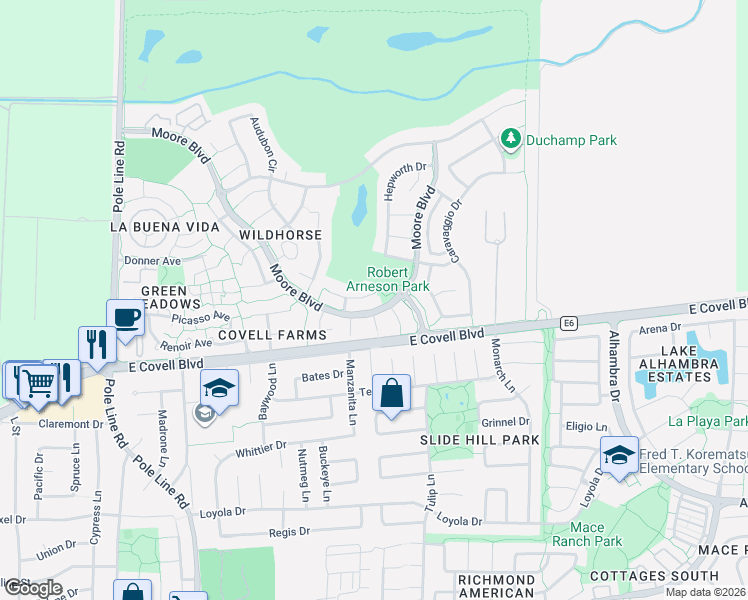 map of restaurants, bars, coffee shops, grocery stores, and more near 2715 Calder Court in Davis