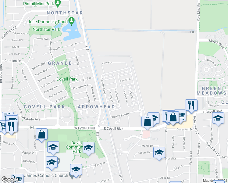 map of restaurants, bars, coffee shops, grocery stores, and more near 945 Sparks Lane in Davis