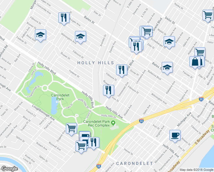 map of restaurants, bars, coffee shops, grocery stores, and more near 3648 Bowen Street in St. Louis