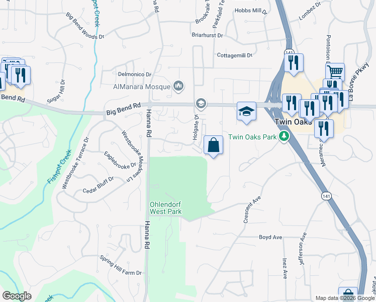 map of restaurants, bars, coffee shops, grocery stores, and more near 1100 Highland Oaks Court in Ballwin