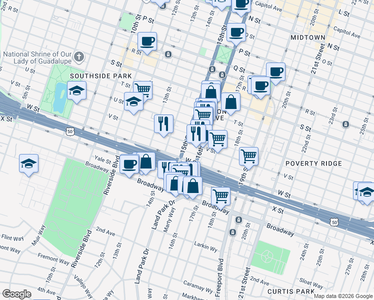 map of restaurants, bars, coffee shops, grocery stores, and more near in Sacramento