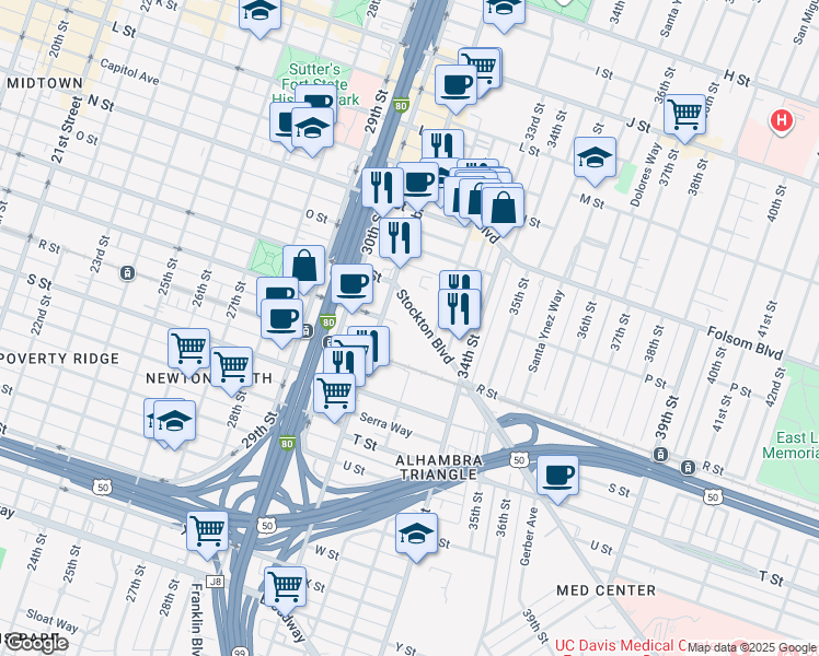 map of restaurants, bars, coffee shops, grocery stores, and more near 1651 Alhambra Boulevard in Sacramento