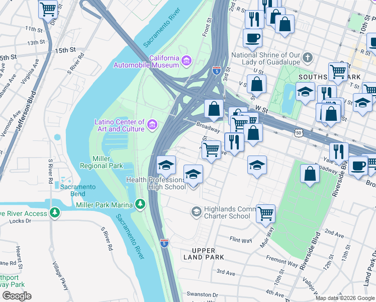 map of restaurants, bars, coffee shops, grocery stores, and more near 168 Box Lane in Sacramento