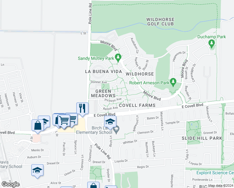 map of restaurants, bars, coffee shops, grocery stores, and more near 1942 Manet Place in Davis