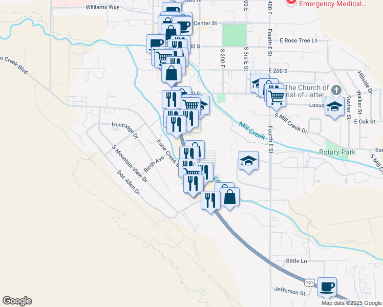 map of restaurants, bars, coffee shops, grocery stores, and more near 555 South Main Street in Moab