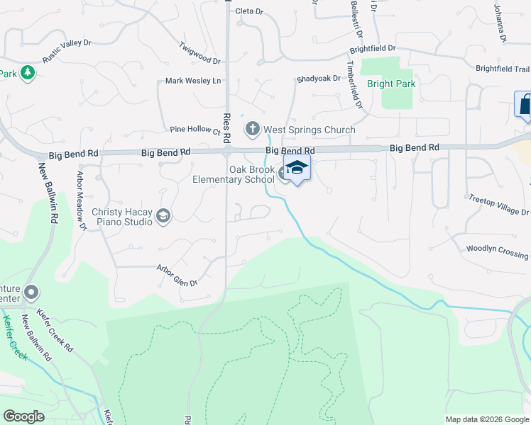 map of restaurants, bars, coffee shops, grocery stores, and more near 119 Cascade Terrace Drive in Ballwin