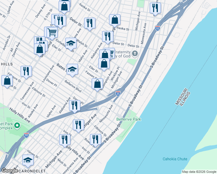 map of restaurants, bars, coffee shops, grocery stores, and more near 5415 Michigan Avenue in St. Louis