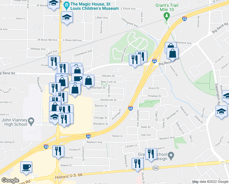 map of restaurants, bars, coffee shops, grocery stores, and more near 420 Meacham Street in Kirkwood