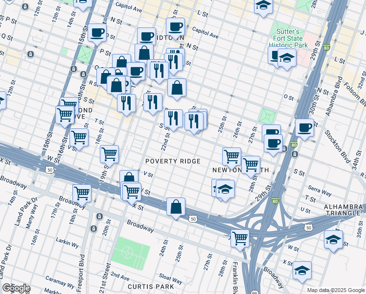 map of restaurants, bars, coffee shops, grocery stores, and more near 1929 23rd Street in Sacramento