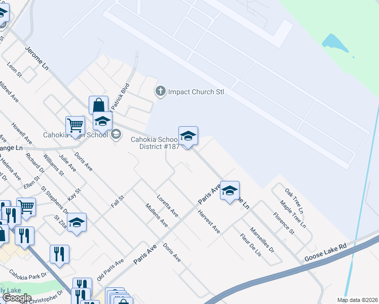 map of restaurants, bars, coffee shops, grocery stores, and more near 1700 Jerome Lane in East St. Louis