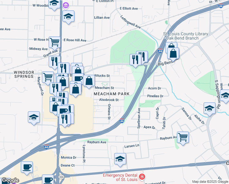 map of restaurants, bars, coffee shops, grocery stores, and more near 413 Saratoga Street in Kirkwood