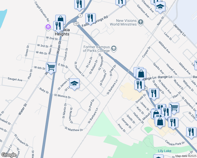 map of restaurants, bars, coffee shops, grocery stores, and more near 741 Saint Nicholas Drive in Cahokia