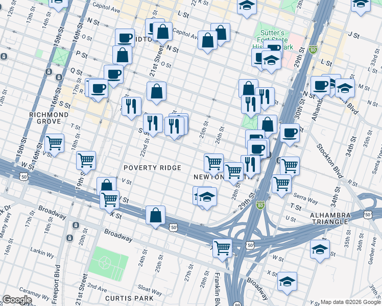 map of restaurants, bars, coffee shops, grocery stores, and more near 2420 S Street in Sacramento
