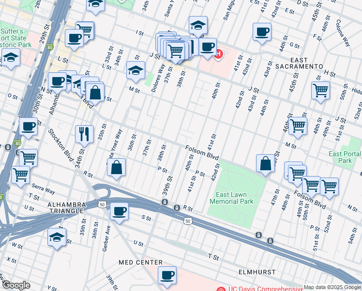 map of restaurants, bars, coffee shops, grocery stores, and more near Folsom Blvd & 39th St in Sacramento