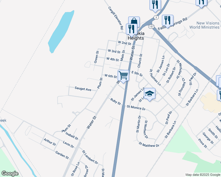 map of restaurants, bars, coffee shops, grocery stores, and more near 701 Water Street in Cahokia